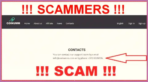 Coinumm phone number listed on the scam site