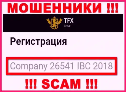Регистрационный номер, который принадлежит преступно действующей конторе TFX FINANCE GROUP LTD - 26541 IBC 2018