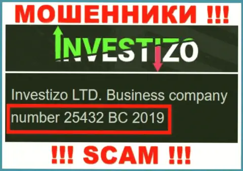 Инвестицо Лтд интернет-мошенников Investizo зарегистрировано под этим номером регистрации - 25432 BC 2019
