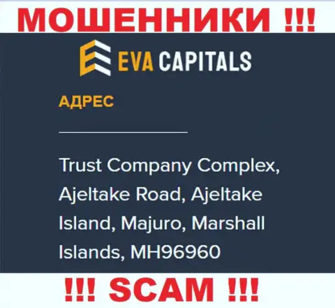 На информационном портале EvaCapitals предоставлен оффшорный адрес регистрации конторы - Trust Company Complex, Ajeltake Road, Ajeltake Island, Majuro, Marshall Islands, MH96960, будьте осторожны - это мошенники