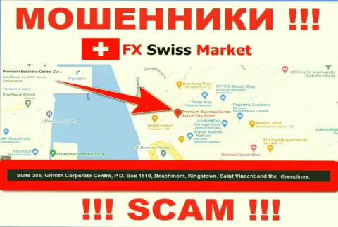 Организация FXSwiss Market указывает на информационном сервисе, что расположены они в офшоре, по адресу - Suite 305, Griffith Corporate Centre, P.O. Box 1510,Beachmont Kingstown, Saint Vincent and the Grenadines