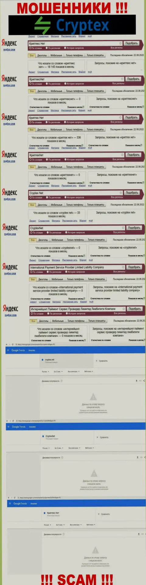 Скриншот итога онлайн-запросов по противозаконно действующей компании КриптехНет