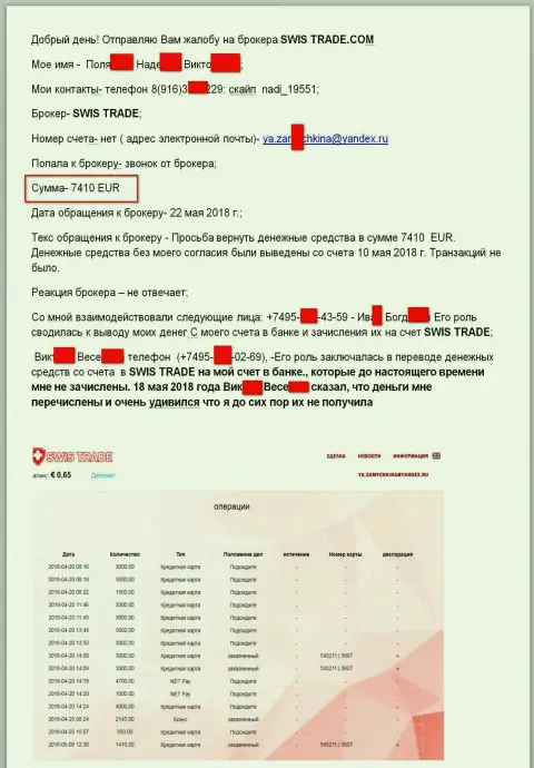 Мошенники из SwisTrade Ru обворовали forex игрока на больше чем 7 410 EUR